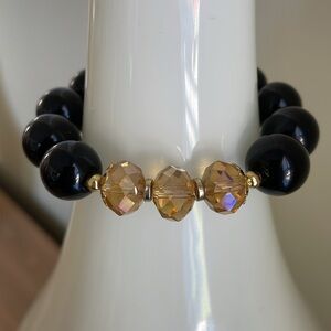 HAND CRAFTED STRETCH BRACELET Black Iridescent Clear Gold Rondelles Gold Boho